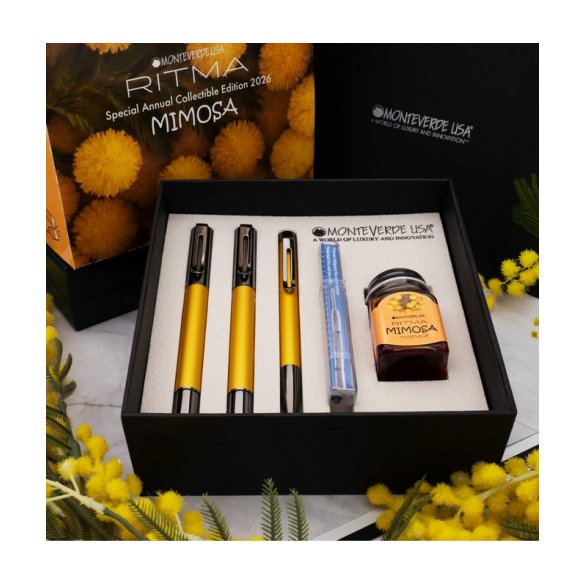 ZESTAW MONTEVERDE MIMOSA 5 ELEMENTÓW: PIÓRO WIECZNE, ROLLER, DŁUGOPIS , ATRAMENT, TŁOCZEK W PUDEŁKU 